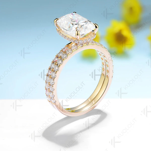 Kuololit Enlonged Cushion Cut  Moissanite Set Ring for Women Solid 18K 14K 10K 585 Yellow Gold Band for Engagement Wedding Christmas Party