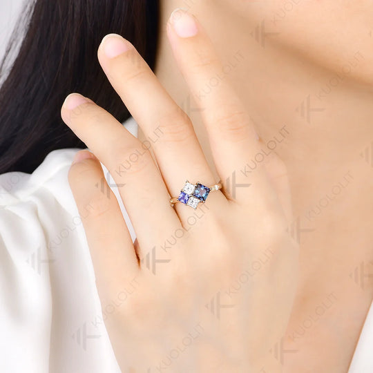 Kuololit Lab Grown Alexandrite Sapphire Moissanite Custom Ring for Women Solid 14K 10K 585 Yellow Gold for Christmas Gifts