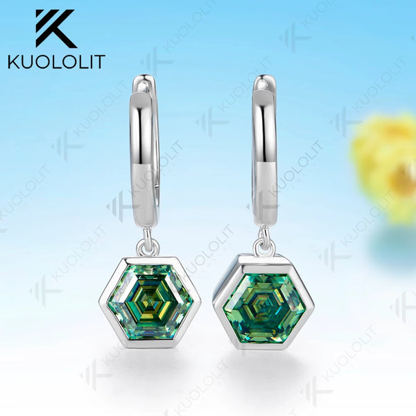 Kuololit 3CTW Cyan Moissanite Hexagon Earrings for Women Solid 14K 10K Yellow Gold Hoop Clip Earrings for Christmas Gifts Party