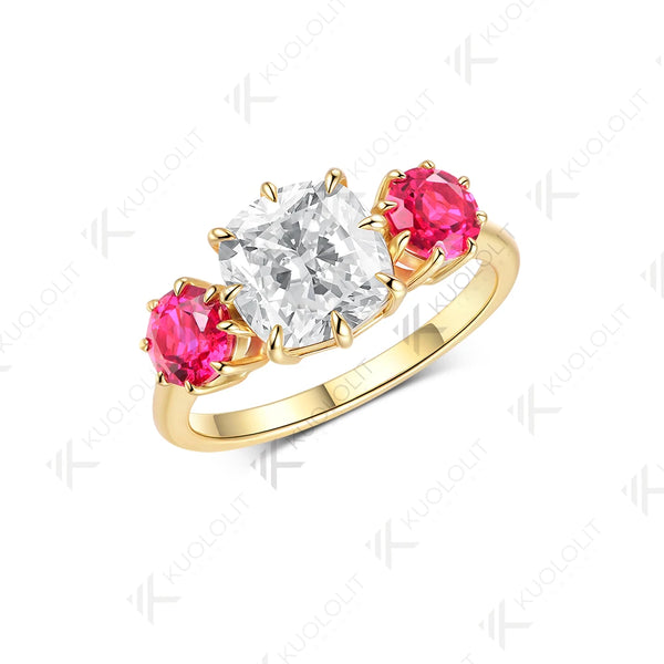 Kuololit 2.5CT OMC Cut Moissanite Lab Grown Ruby Ring for Women Soild 10K 14K Yellow Gold for Christmas Anniversary Engagement