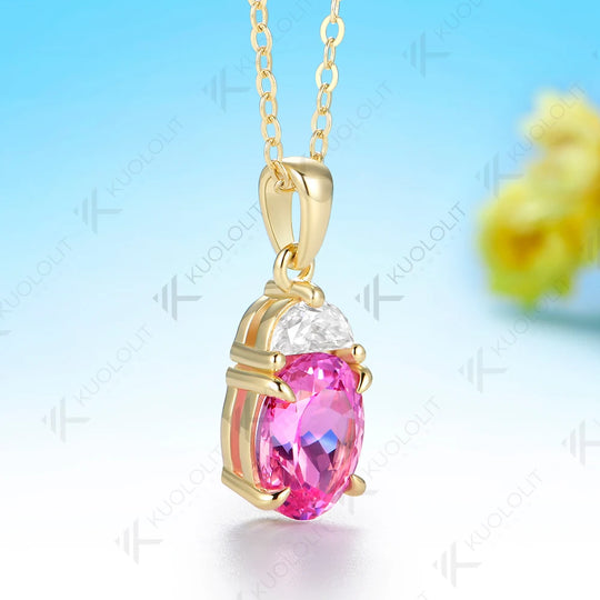 Kuololit 3CT Lab Pink Sapphire Custom Set Necklace for Women Solid 14K 10K 585 Yellow Gold Necklace for Christmas Gifts Party