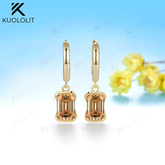 Kuololit 5CTW Champagne Moissanite Clip Earring for Women Solid 14K 10K Yellow Gold Emerald Cut Earring for Christmas Gift Party