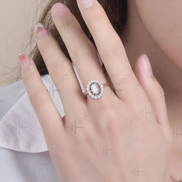 Kuololit 1ct Oval Cut White Moissanite and Balck Moissanite Ring for Women Solid 14K 10K 585 Rose Gold for Engagement Christmas