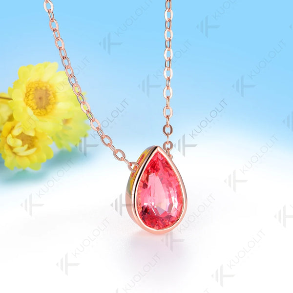 Kuololit 3CT Cyan Moissanite Lab Grown Padparadscha Necklace for Women Men Solid 585 14K 10K Gold Pear Chain for Engagement Christmas