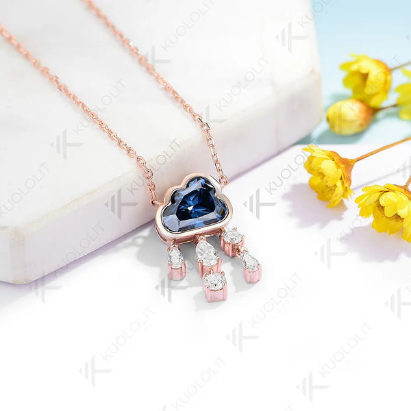 Kuololit 2ct Blue Cloudy Moissanite  Necklace for Women Solid 18K 14k Gold Diamond Blue Rainny Necklace for Wedding Christmas