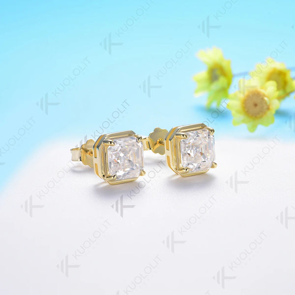 Kuololit 3CTW Asscher Cut Moissanite Earrings for Women Solid 18K 14K 10K Gold Stub Earrings for Anniversary Engagement Gifts