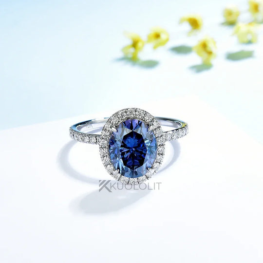 Kuololit 3CT Blue Moissanite Ring for Women Solid 14K 10K Yellow Gold Origanal Blue Color Oval Ring for Engagement Christmas