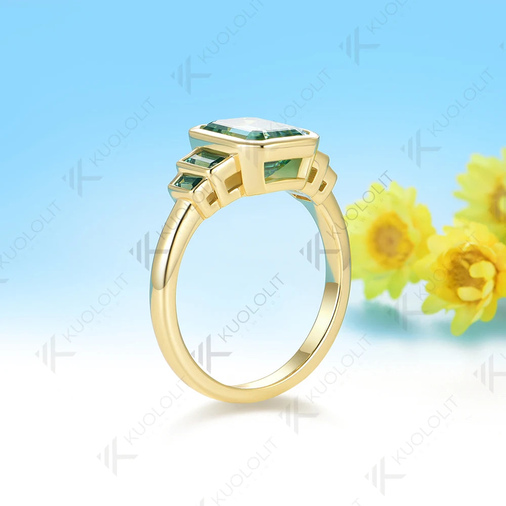 Kuololit 3CT Cyan Moissanite Ring for Women Solid 14K 10K Gold Emerald Cut Ring for Christmas Gifts Party Engagement Wedding