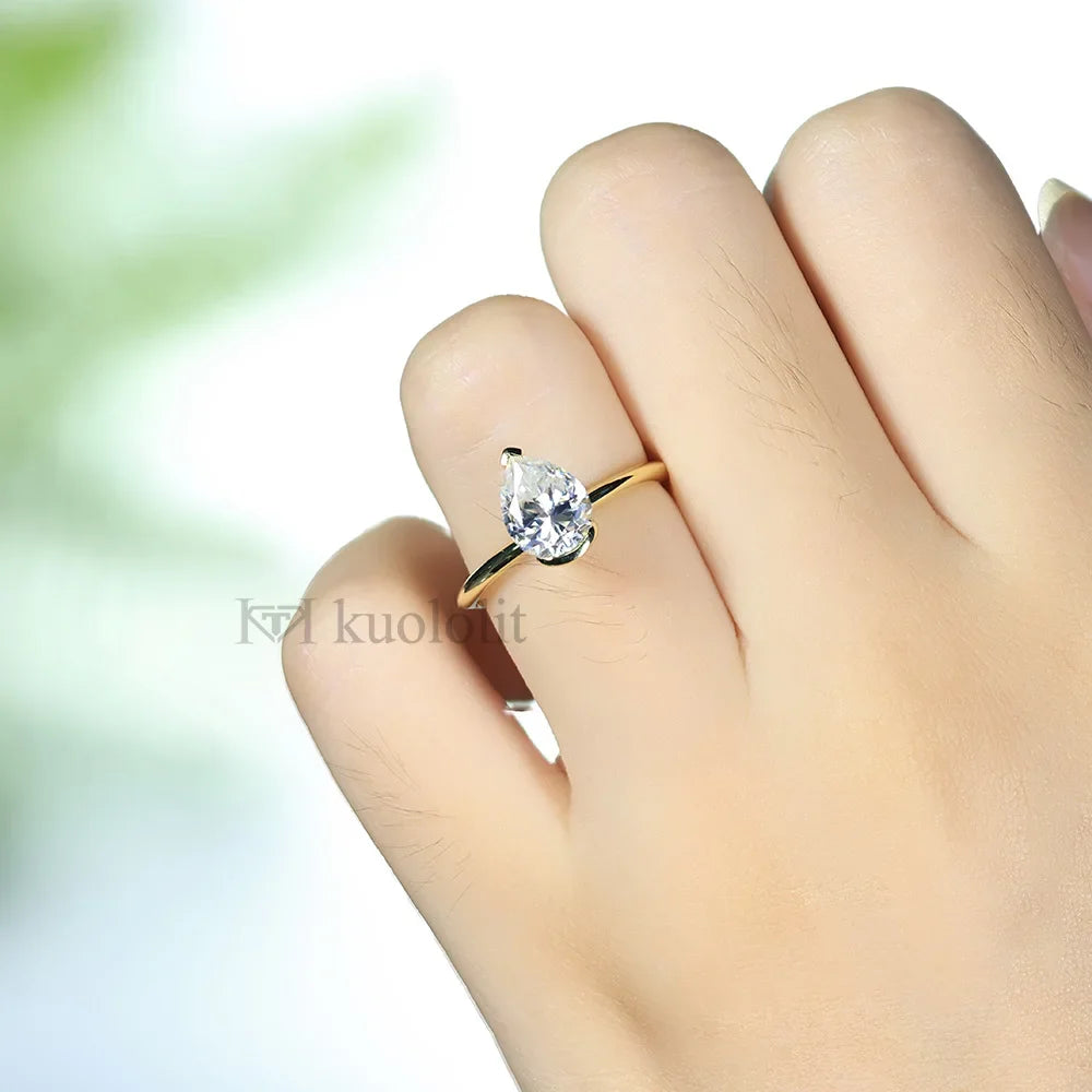 Kuololit Moissanite Rings for Women Solid 18K 14K 10K 925 Sliver Yellow Gold 1.5CT Pear Cut for Anniversary Wedding Engagement