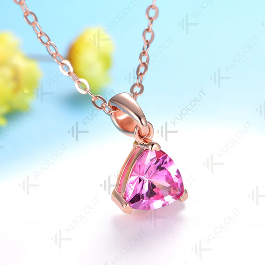 Kuololit 1.2CT Lab Pink Sapphire Engagement Necklace for Women Solid 18K 14K 585 Rose Gold  for Christmas Gifts Jewelry