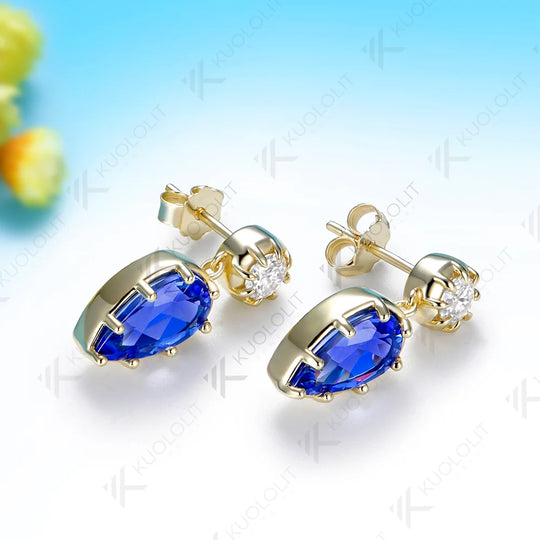 Kuololit 4.6CTW Lab Grown Blue Sapphire Custom Stud Earrings for Women Solid 14K 10K 585 Yellow Gold Pear Cut for Christmas Gift