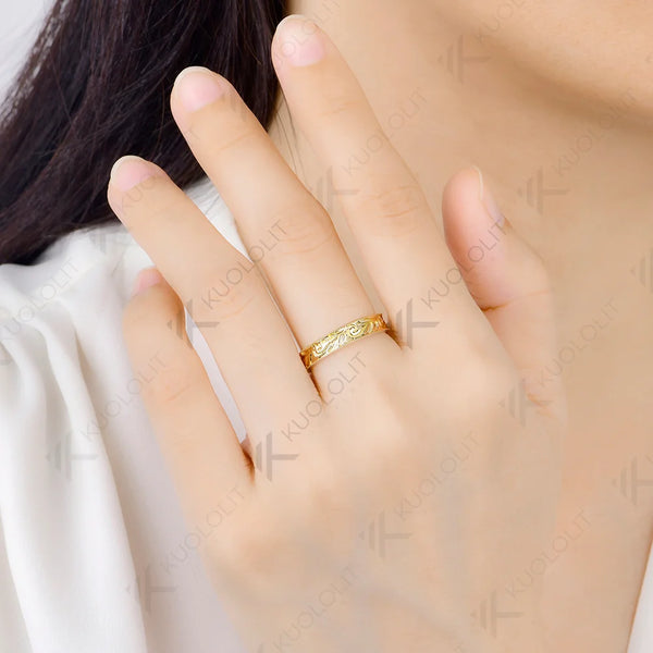 Kuololit Leaves 4MM Band Custom Ring for Women Solid 14K 10K Yellow Gold Wedding Band Ring for Christmas Gifts Party Anniversary