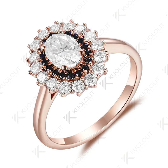 Kuololit 1ct Oval Cut White Moissanite and Balck Moissanite Ring for Women Solid 14K 10K 585 Rose Gold for Engagement Christmas