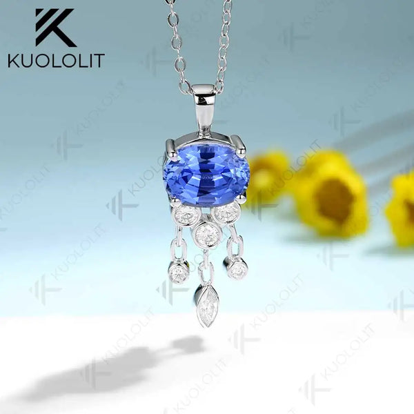 Kuololit 3CT Lab Grown Blue Sapphire with Moissanite Necklace for Women Solid 18K 14K 10K 585 Yellow Gold Pendant for Christmas