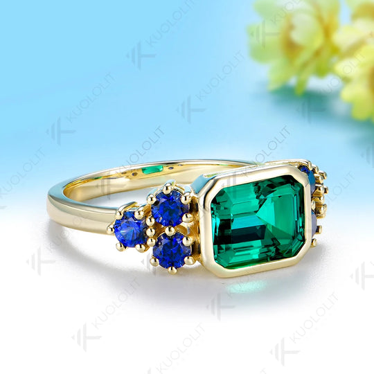 Kuololit 3CT Lab Grown Emerald Sapphire Gemstone Custom Ring for Women Solid 14K10K Yellow Gold for Engagement Wedding Christmas