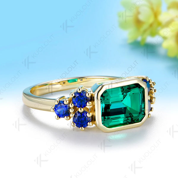 Kuololit 3CT Lab Grown Emerald Sapphire Gemstone Custom Ring for Women Solid 14K10K Yellow Gold for Engagement Wedding Christmas