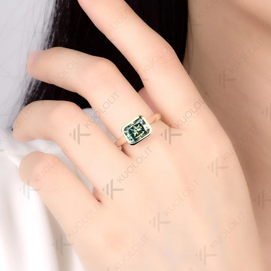 Kuololit 3CT Radiant Cut Cyan Moissanite Ring for Women Solid 14K 10K Yellow Gold Bezel Set Engagement Ring for Christmas Gifts
