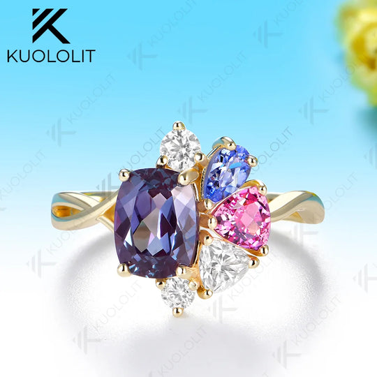 Kuololit Lab Grown Alexandrite Gemstone Custom Ring for Women Solid 14K 10K 585 Yellow Gold Engagement Ring for Christmas Gift