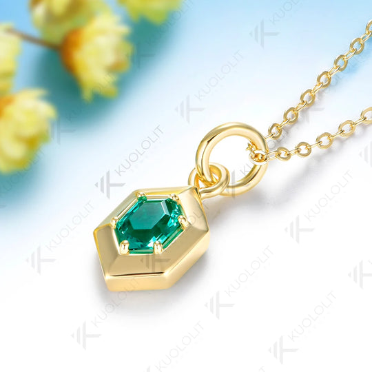 Kuololit 1CT Each Lab Emerald Hexagon Cut Custom Necklace for Women Solid 585 14K 10K Yellow Gold Necklace for Christmas Gift