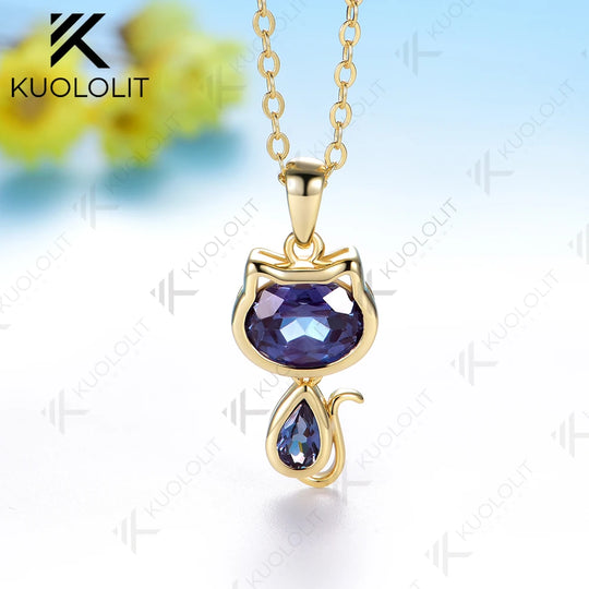 Kuololit 2.2CTW Lab Grown Alexandrite Cat Neklace for Women Solid 14K 10K 585 Yellow Gold Cute Neklace for Christmas Gifts Party