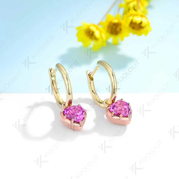 Kuololit 2CTW Lab Grown Padparadscha Hoop Earring for Women Solid 14K 10K Gold Two Tones Yellow Gold Clip Hoop for Christmas