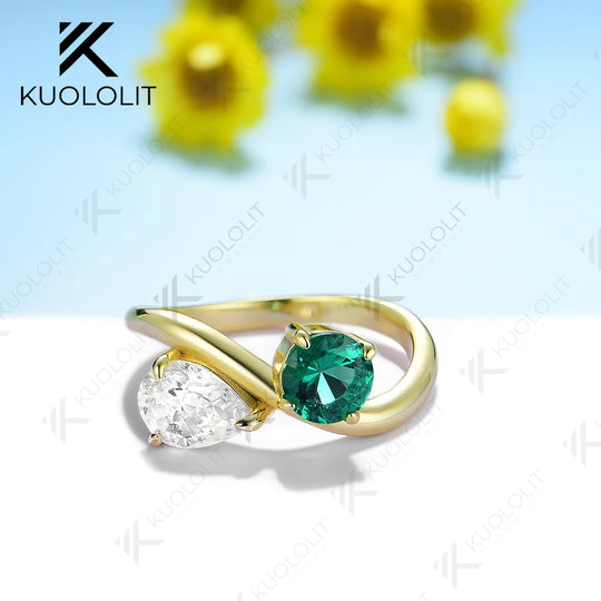 Kuololit 2CTW Lab Grown Emerald Moissanite Ring for Men Women Pure 18K 14K 10K Gold Pear Round Ring for Anniversary Engagement
