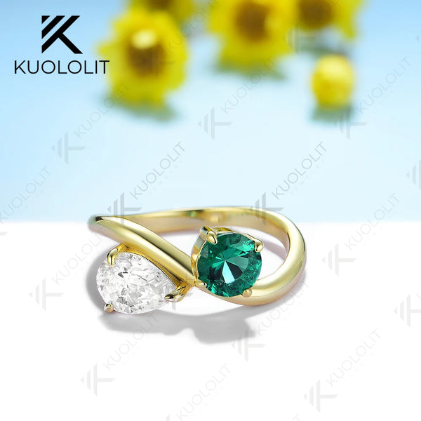 Kuololit 2CTW Lab Grown Emerald Moissanite Ring for Men Women Pure 18K 14K 10K Gold Pear Round Ring for Anniversary Engagement