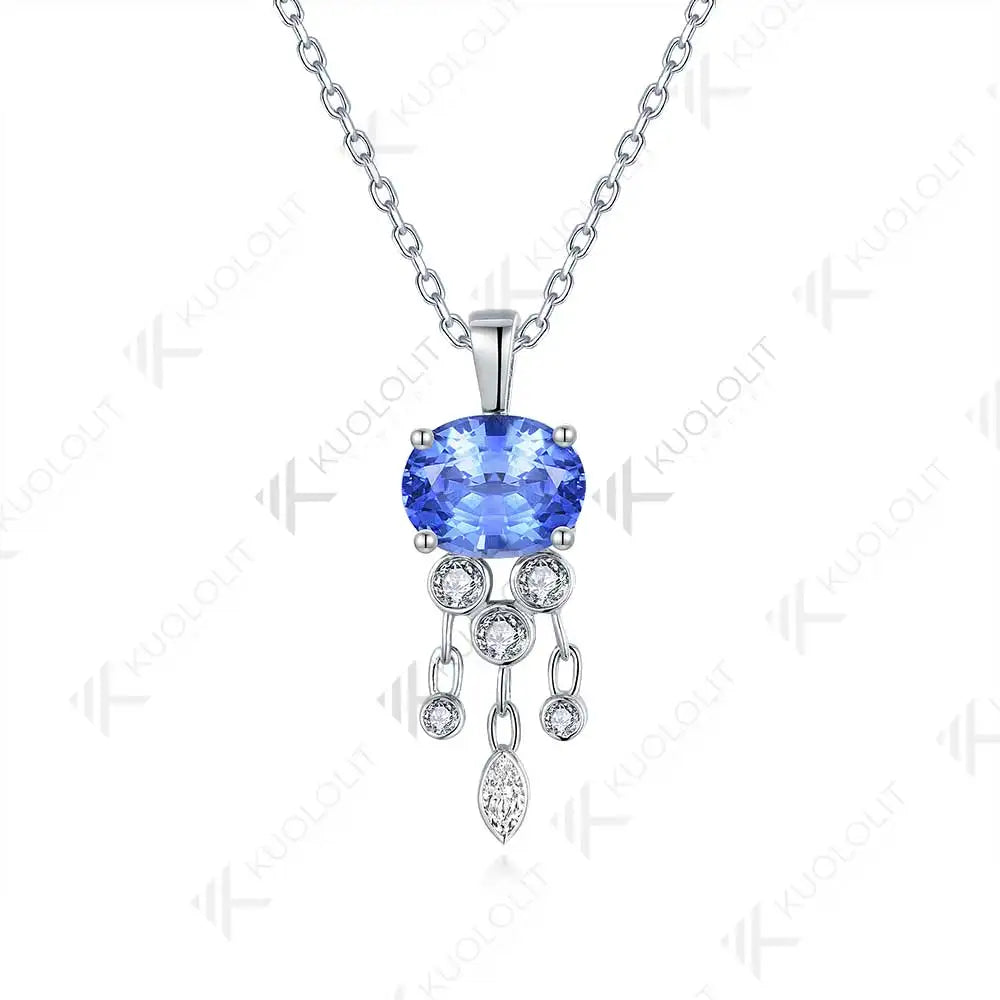 Kuololit 3CT Lab Grown Blue Sapphire with Moissanite Necklace for Women Solid 18K 14K 10K 585 Yellow Gold Pendant for Christmas