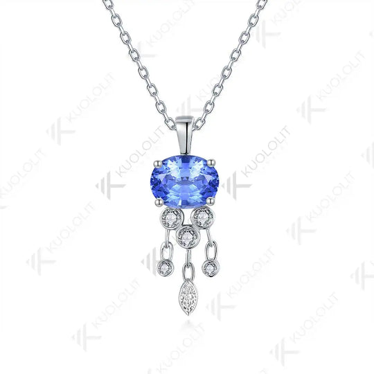 Kuololit 3CT Lab Grown Blue Sapphire with Moissanite Necklace for Women Solid 18K 14K 10K 585 Yellow Gold Pendant for Christmas