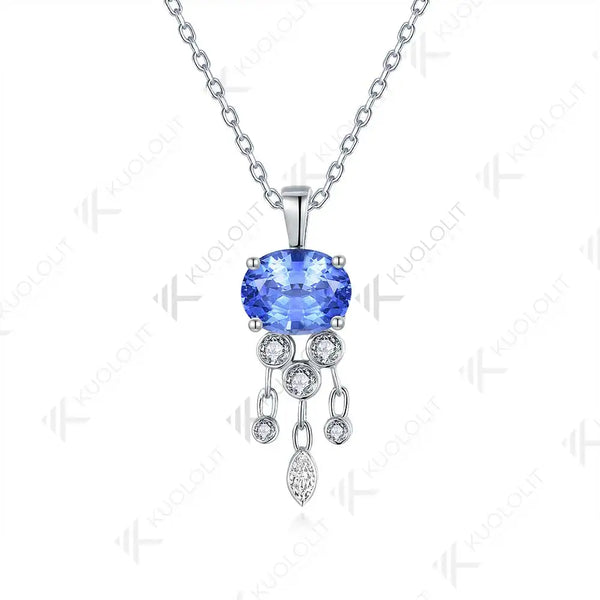 Kuololit 3CT Lab Grown Blue Sapphire with Moissanite Necklace for Women Solid 18K 14K 10K 585 Yellow Gold Pendant for Christmas