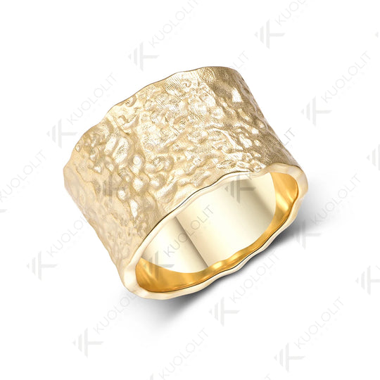 Kuololit 15mm Width Hammered Custom Ring for Men Women Solid10K Yellow Gold Handmade Ring for Anniversary Christmas Gifts Party