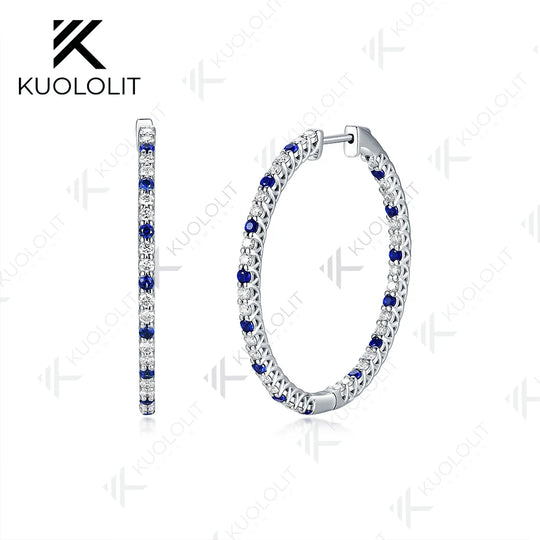 Kuololit 2.58CTW Lab Diamond Blue Sapphire Hoop Earrings for Women Solid 14K 10K 585Gold Alternate Diamond Earring for Christmas
