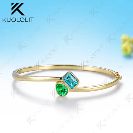 Kuololit 3.5CTW Mint Green Sapphire Paraiba Custom Bangle for Women Solid 10K Yellow Gold for Engagement Trendy Christams Gifts