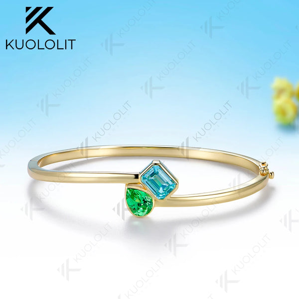 Kuololit 3.5CTW Mint Green Sapphire Paraiba Custom Bangle for Women Solid 10K Yellow Gold for Engagement Trendy Christams Gifts