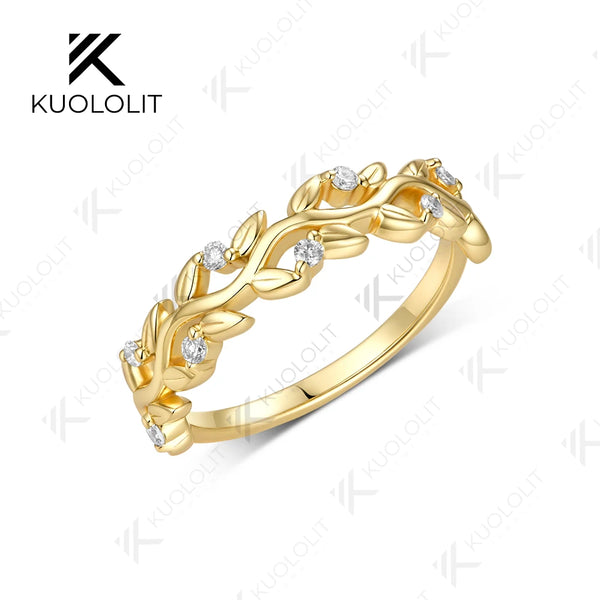 Kuololit  1.7 CTW Lab Diamond Leaf Wedding Band for Women Solid 14K 10K Yellow Gold Eternity Band Ring for Engagement Christmas