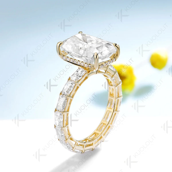 Kuololit 7CT Center Radiant Cut Moissanite Ring for Women Solid 14K 10K 585 Yellow Gold Engagement Ring for Christmas Gifts