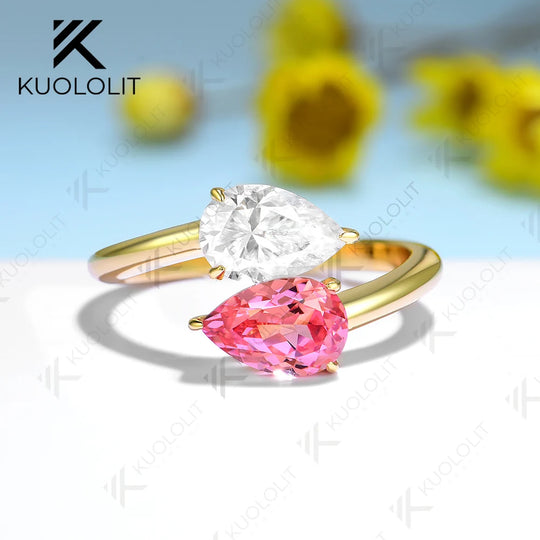 Kuololit 1.5CT Padparadscha Moissanite Engagement Ring for Women Solid 14K 10K 585 Yellow Gold Two Gemstone Ring for Christmas