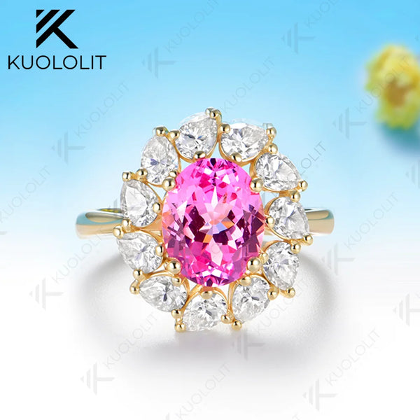 Kuololit 3.5CT Lab Pink Sapphire Pear Moissanite Custom Ring for Women Solid 14K 10K 585 Yellow Gold for Christmas Gifts Party