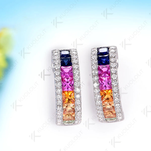 Kuololit 2.8CTW Lab Grown Rainbow Sapphire Stud Earrings for Women Solid 14K10K 585 White Gold Luxury Earring for Christmas Gift
