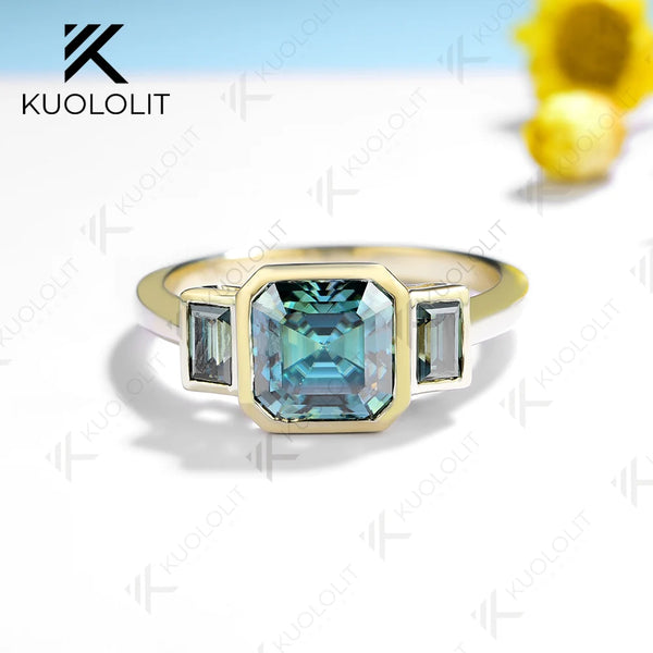 Kuololit 2CT Cyan Moissanite Rings for Women Solid 14K 10K 585 Yelllow Gold Asscher Ring for Engagement Anniversary Engagement