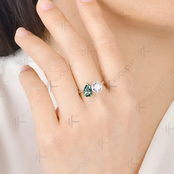 Kuololit 2.5CTW Cyan Pear Round Cut Moissanite Custom Ring for Women Men Solid 14K 10K 925 Silver White Gold for Christmas Gifts