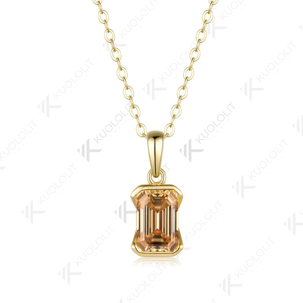 Kuololit 2.5CT Champagne Moissanite Necklace for Women Solid 14K 10K Yellow Gold Emerald Cut Necklace for Engagement Christmas