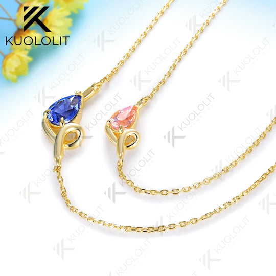 Kuololit 3CTW Lab Grown Blue Pink Sapphire Necklace for Women Solid 14K 10K 585 Yellow Gold Pear Necklace for Christmas Gifts