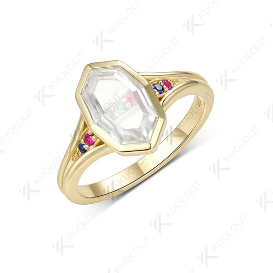 Kuololit 2CT Unique Portrait Cut Rhombus Moissanite Colorfull Custom Ring for Women Solid 14K 10K Yellow Gold for Christmas Gift