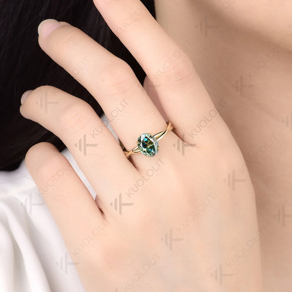 Kuololit 2CT OMC Cyan Moissanite Ring for Women Solid 14K 10K 585 Yellow Gold Cushion Engagement Ring for Christmas Gifts Party
