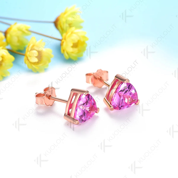 Kuololit 1.2CT Trillyon Lab Pink Sapphire Stud Earrings for Women Pure 18K 14K Gold Trillyon Earrings for Anniversary Christmas Gifts