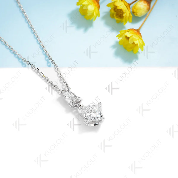 Kuololit 1CT Moissanite Necklace for Women Solid 10K 14K 18K 925 Sliver Princess Pendant with Chain for Engagement Christmas