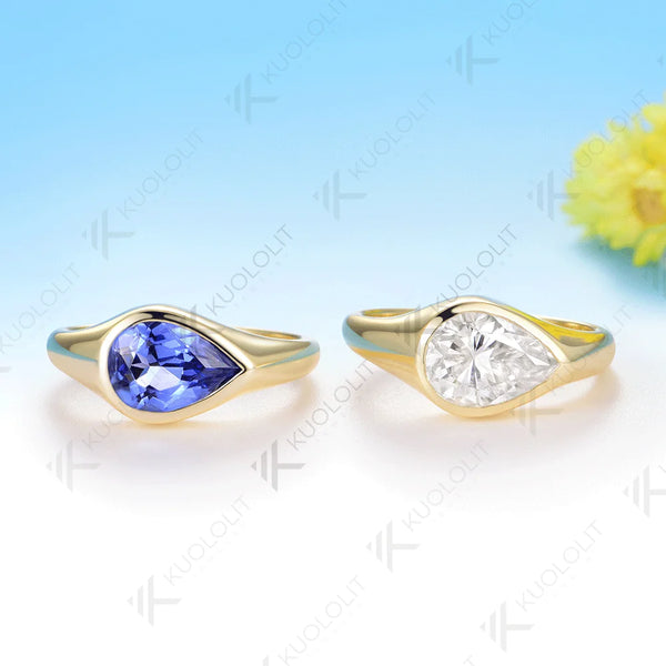 Kuololit 2CT Lab Grown Blue Sapphire Ring for Women Solid 14K 10K 585 Yellow Gold Engagement Ring for Christmas Gifts Party