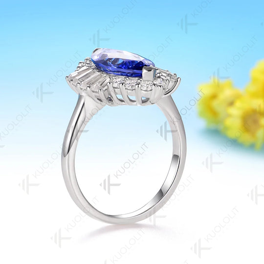 Kuololit 3.5CT Marquise Lab Grown Blue Sapphire Custom Ring for Women Solid 14K 10K 585 White Gold for Christmas Gifts Party