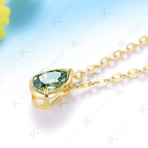 Kuololit 0.5CT Cyan Pear Moissanite Necklace for Women Men Solid 585 14K 10K Yellow Gold Pear Chain for Engagement Christmas